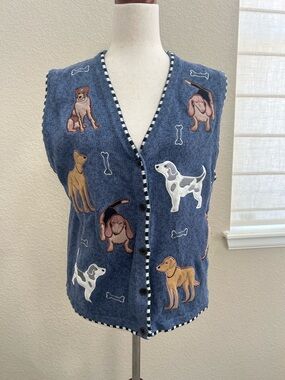 Christopher&Banks L Dog Embroidered Blue Button-Up Vest - Pet-Themed Knit